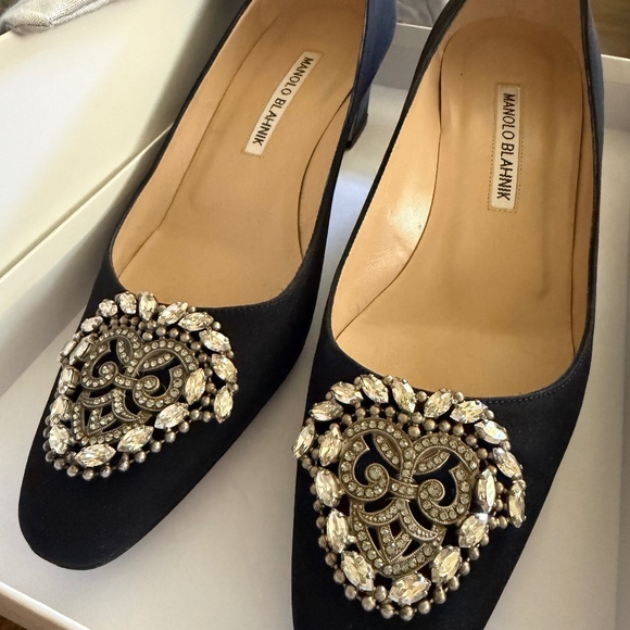 Manolo Blahnik Shoes - Manolo Blahnik Black Embellished Satin Pumps with Crystal Brooch